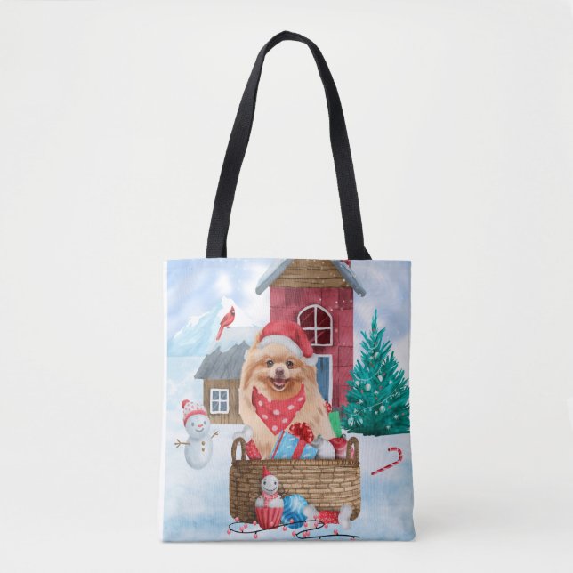 Pomeranian Dog In snow Christmas Dog House Throw P Tote Bag (Front)