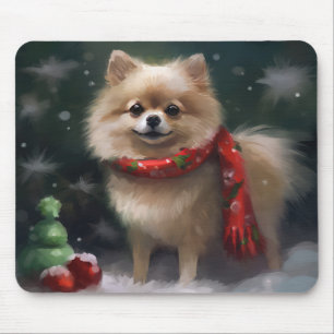 Pomeranian Dog in Snow Christmas Mouse Mat
