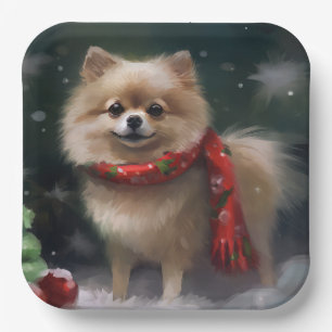 Pomeranian Dog in Snow Christmas Paper Plate