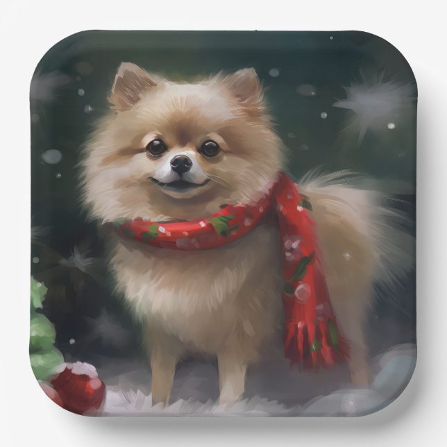 Pomeranian Dog in Snow Christmas Paper Plate (Front)
