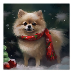 Pomeranian Dog in Snow Christmas Poster