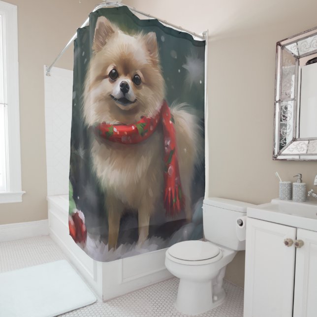 Pomeranian Dog in Snow Christmas Shower Curtain (In Situ)
