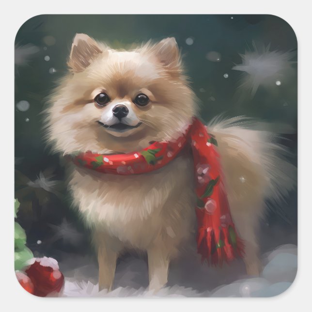Pomeranian Dog in Snow Christmas Square Sticker (Front)