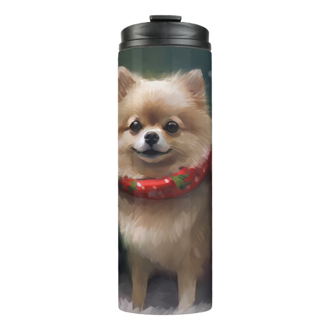 Pomeranian Dog in Snow Christmas Thermal Tumbler (Front)