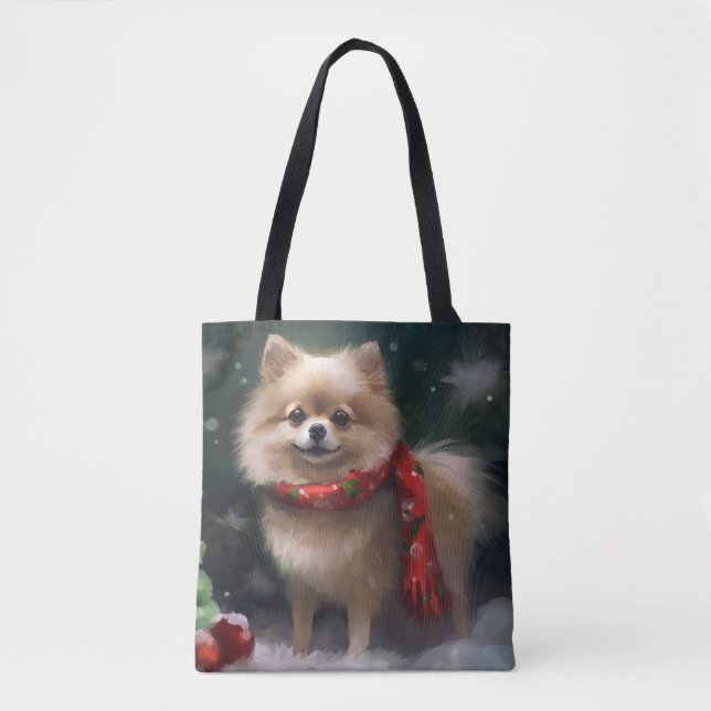 Pomeranian Dog in Snow Christmas Tote Bag (Front)