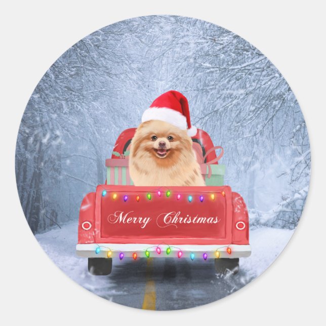Pomeranian Dog in Snow sitting in Christmas Truck  Classic Round Sticker (Front)