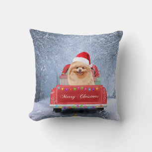 Pomeranian Dog in Snow sitting in Christmas Truck  Cushion
