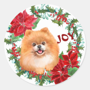 Pomeranian Dog Joy Poinsettia Christmas Wreath Classic Round Sticker