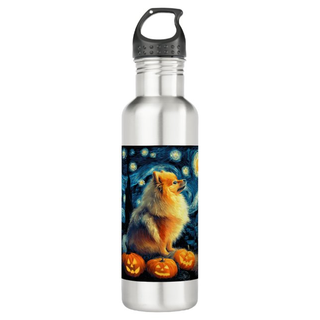 Pomeranian Dog Lovers Painting of van gogh starry  710 Ml Water Bottle (Front)