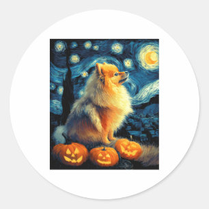 Pomeranian Dog Lovers Painting of van gogh starry  Classic Round Sticker