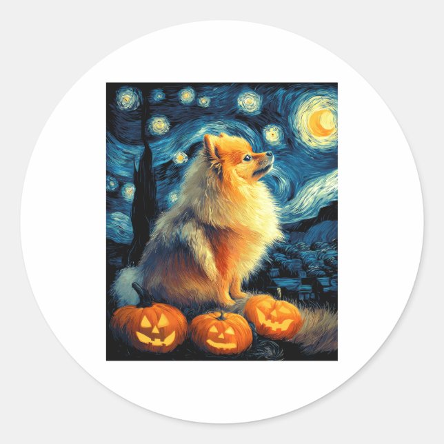 Pomeranian Dog Lovers Painting of van gogh starry  Classic Round Sticker (Front)