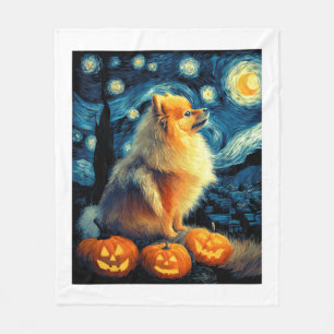 Pomeranian Dog Lovers Painting of van gogh starry Fleece Blanket