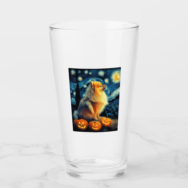 Pomeranian Dog Lovers Painting of van gogh starry  Glass (Front)