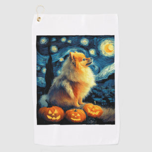 Pomeranian Dog Lovers Painting of van gogh starry Golf Towel