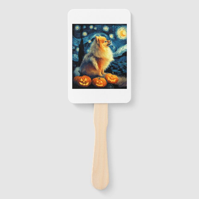 Pomeranian Dog Lovers Painting of van gogh starry  Hand Fan (Front)