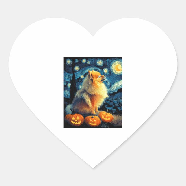 Pomeranian Dog Lovers Painting of van gogh starry  Heart Sticker (Front)