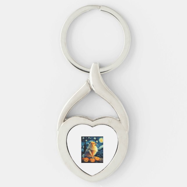 Pomeranian Dog Lovers Painting of van gogh starry  Key Ring (Front)