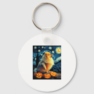 Pomeranian Dog Lovers Painting of van gogh starry Key Ring