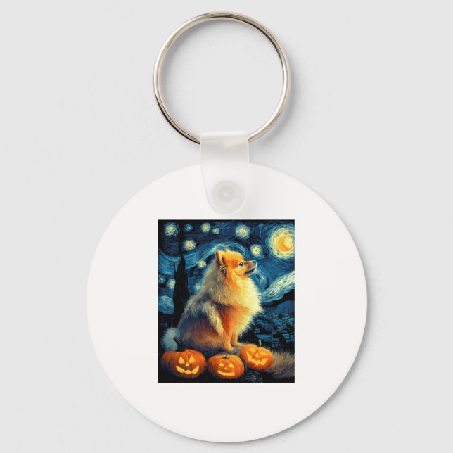 Pomeranian Dog Lovers Painting of van gogh starry  Key Ring (Front)