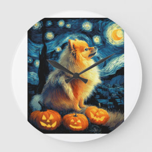 Pomeranian Dog Lovers Painting of van gogh starry Large Clock