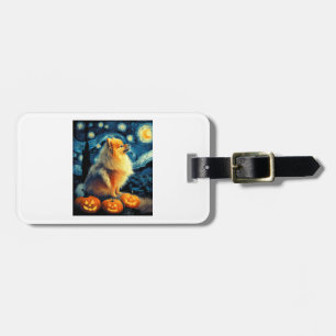 Pomeranian Dog Lovers Painting of van gogh starry Luggage Tag