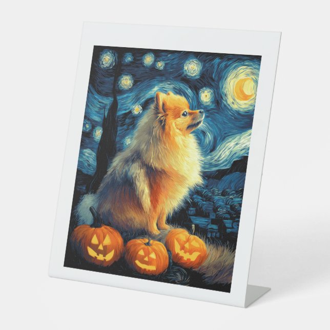 Pomeranian Dog Lovers Painting of van gogh starry  Pedestal Sign (Front)