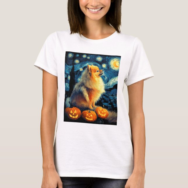 Pomeranian Dog Lovers Painting of van gogh starry  T-Shirt (Front)