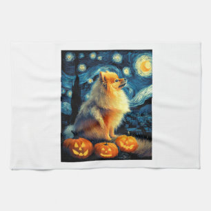 Pomeranian Dog Lovers Painting of van gogh starry  Tea Towel