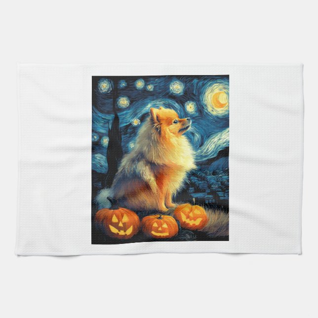 Pomeranian Dog Lovers Painting of van gogh starry  Tea Towel (Horizontal)