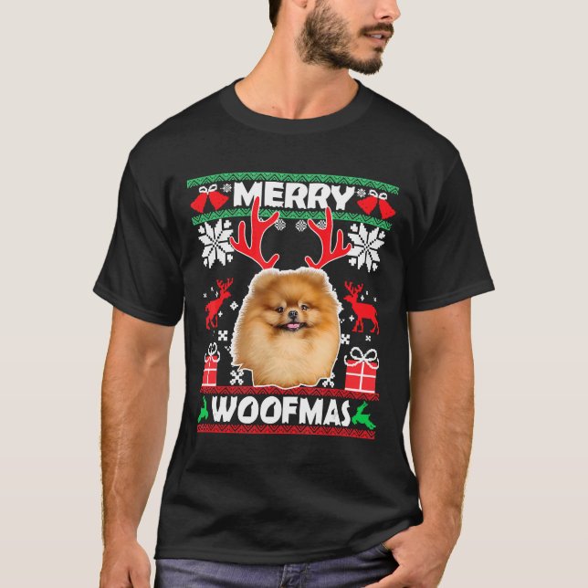 Pomeranian Dog Merry Woofmas Christmas Dog T-Shirt (Front)