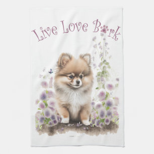Pomeranian Dog Mum Floral Tea Towel