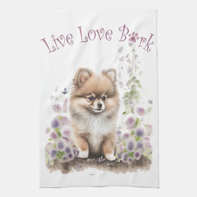 Pomeranian Dog Mum Floral Tea Towel (Vertical)
