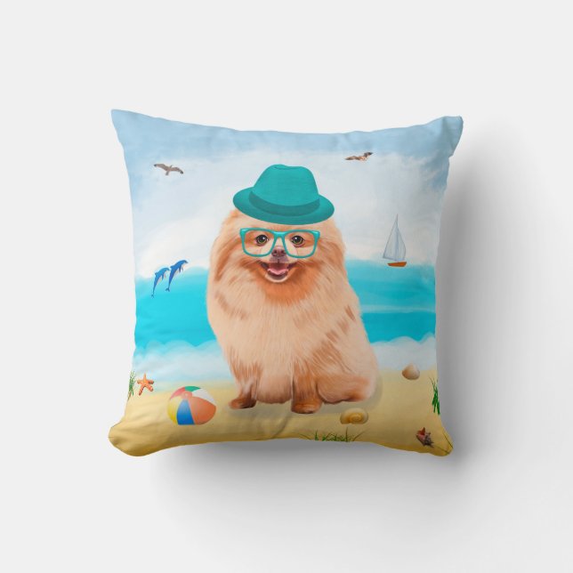 Pomeranian Dog on Beach  Cushion (Front)
