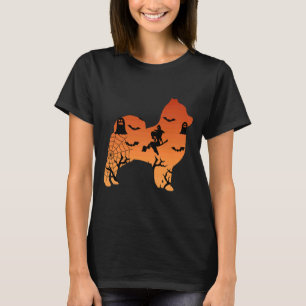 Pomeranian Dog Silhouette Halloween Witch Bats T-Shirt