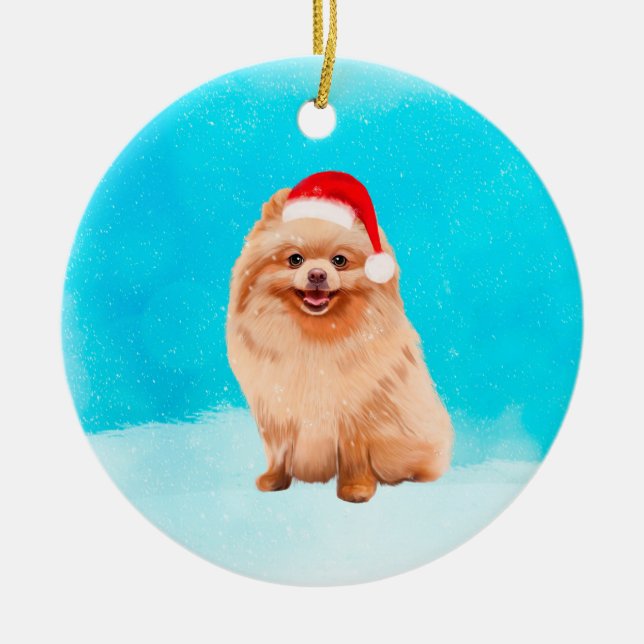 Pomeranian Dog Sitting In Snow Christmas Hat Ceramic Tree Decoration (Front)