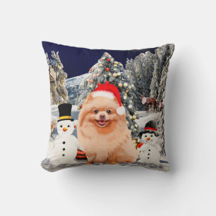 Pomeranian Dog Sitting On Beach Christmas Hat Cushion