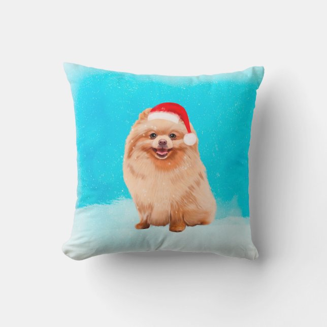 Pomeranian Dog Sitting On Beach Christmas Hat Cushion (Front)