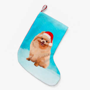 Pomeranian Dog Sitting On Beach Christmas Hat Small Christmas Stocking