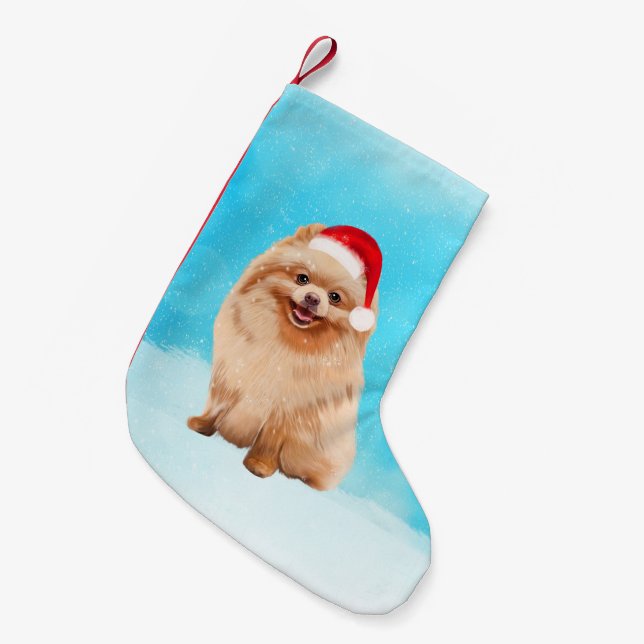 Pomeranian Dog Sitting On Beach Christmas Hat Small Christmas Stocking (Front (Hanging))
