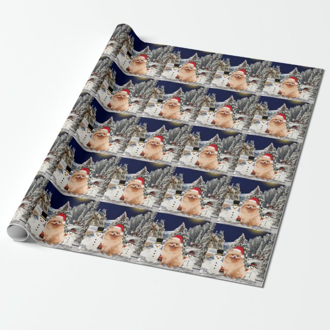 Pomeranian Dog Sitting On Beach Christmas Hat Wrapping Paper (Unrolled)