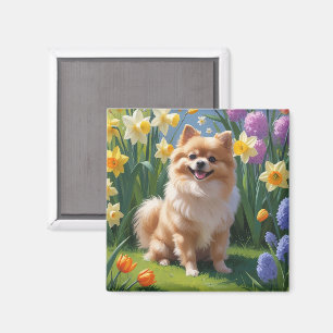 Pomeranian Dog Spring Flowers Painting Magnet