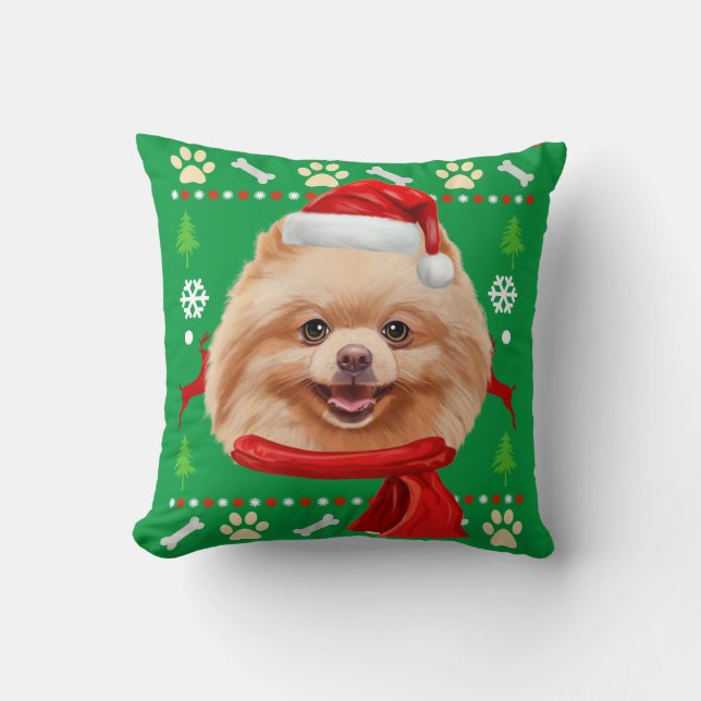 Pomeranian Dog Ugly Christmas Cushion (Front)