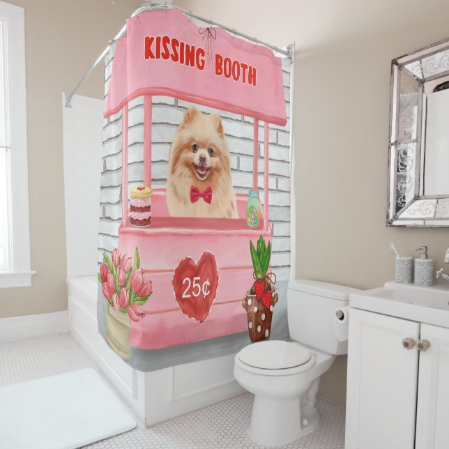 Pomeranian Dog Valentine's Day Kissing Booth Shower Curtain (In Situ)
