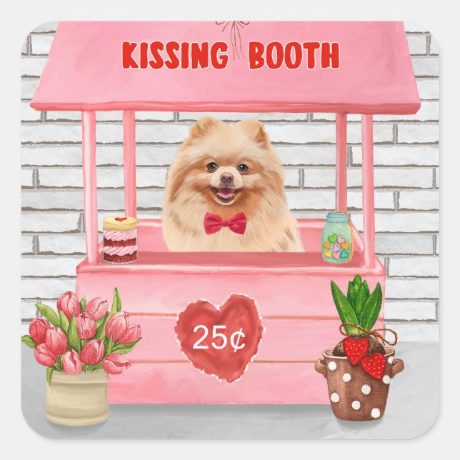Pomeranian Dog Valentine's Day Kissing Booth Square Sticker (Front)