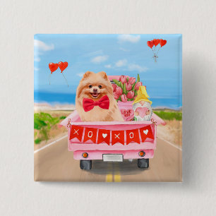 Pomeranian Dog Valentine's Day Truck Hearts 15 Cm Square Badge