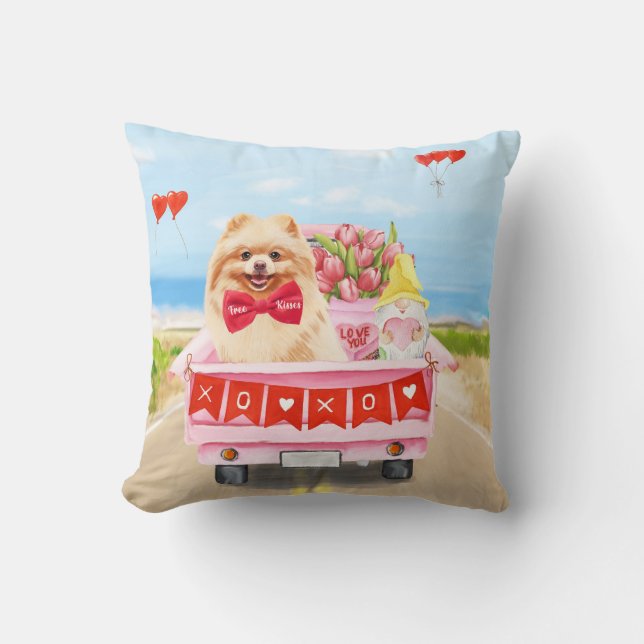Pomeranian Dog Valentine's Day Truck Hearts Cushion (Front)