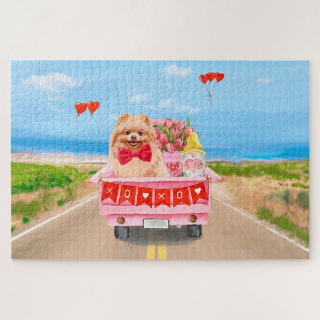 Pomeranian Dog Valentine's Day Truck Hearts  Jigsaw Puzzle (Horizontal)