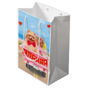 Pomeranian Dog Valentine's Day Truck Hearts Medium Gift Bag