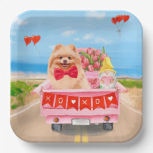 Pomeranian Dog Valentine's Day Truck Hearts Paper Plate