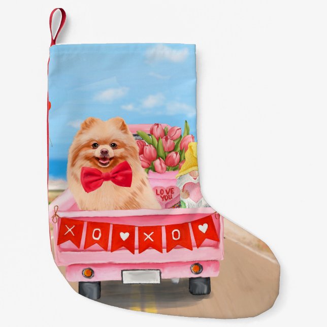 Pomeranian Dog Valentine's Day Truck Hearts Small Christmas Stocking (Front)